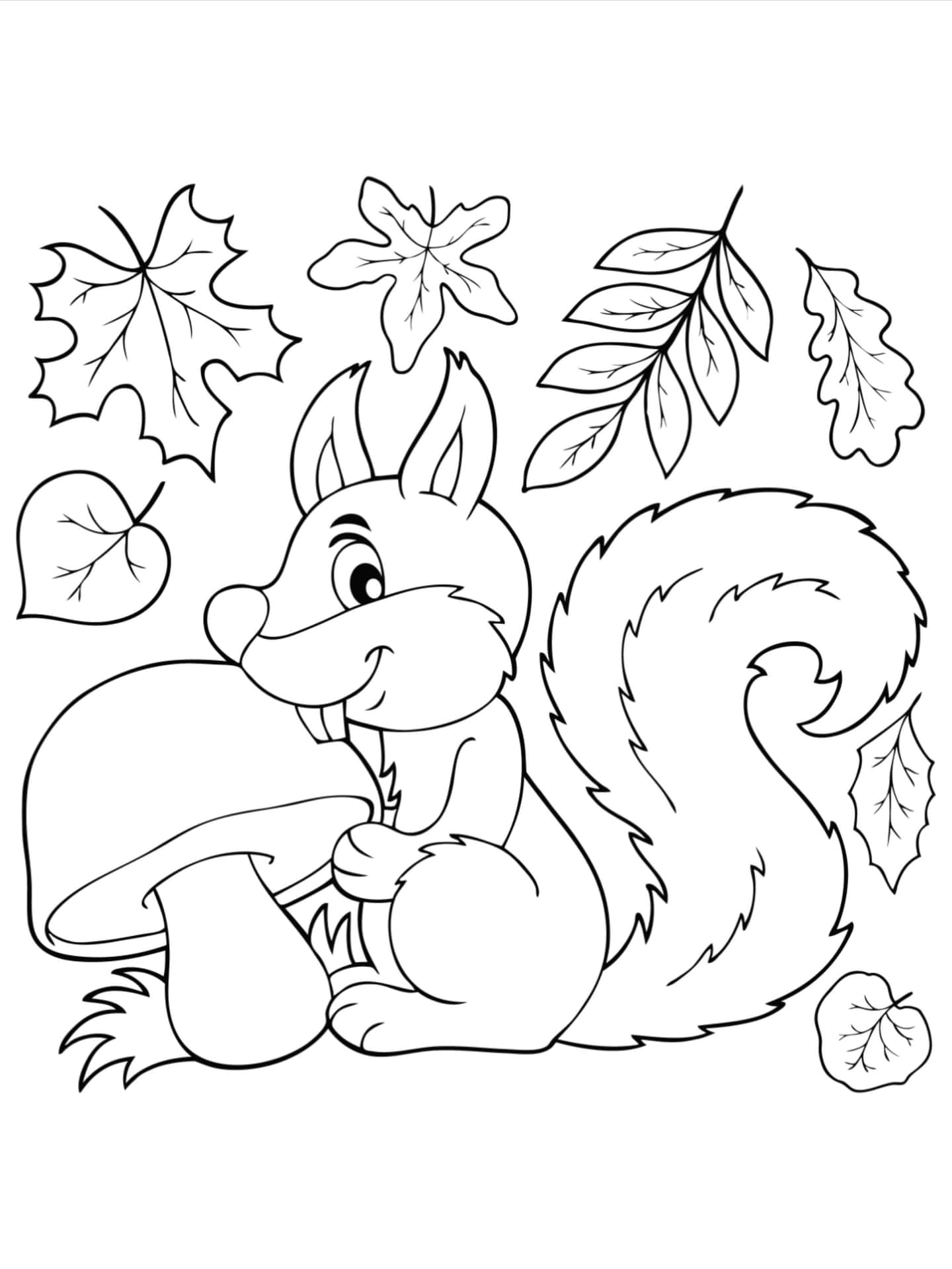 A Squirrel Coloring Page With Leaves And Mushrooms