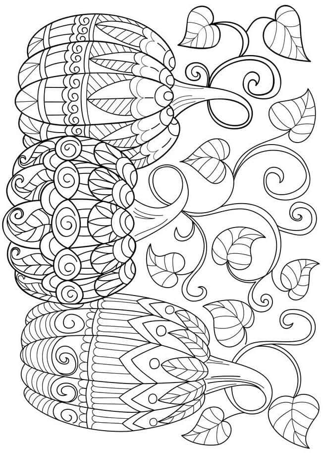 A Coloring Page With Pumpkins And Leaves
