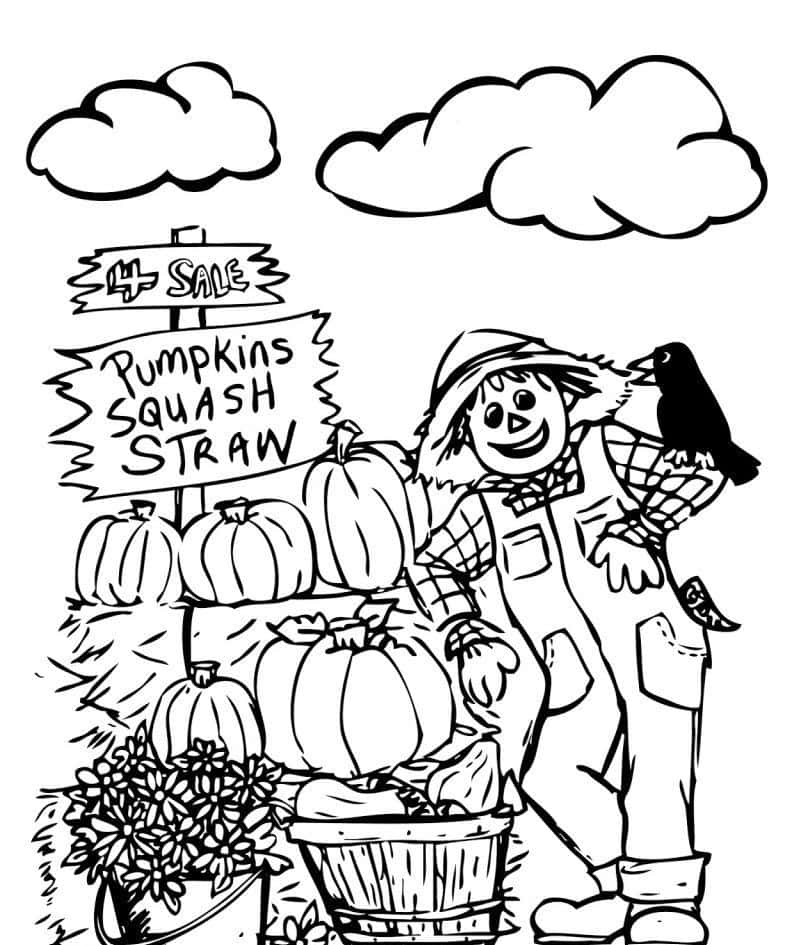 A Man With A Pumpkin In Front Of A Farm Stand Coloring Page