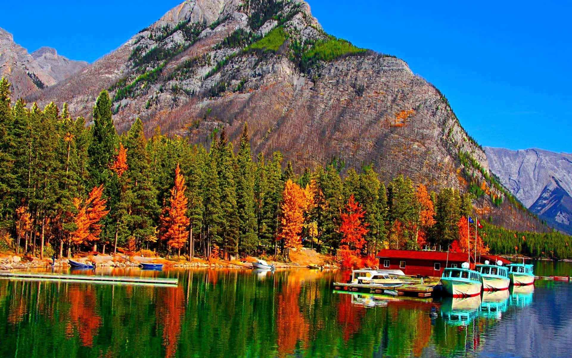 Fall Colors Forest And Boats On Lake Wallpaper