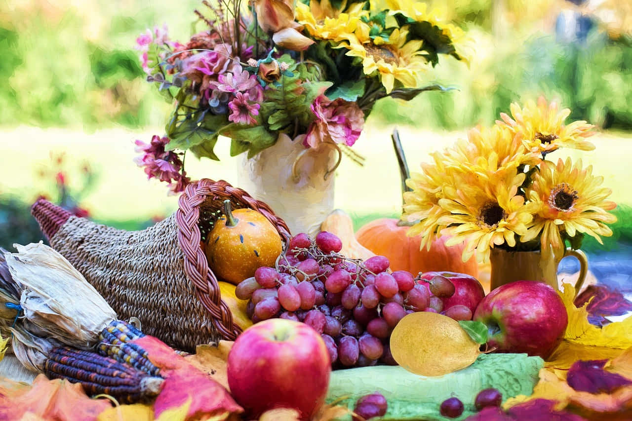 Colorful Fall Cornucopia with an Abundance of Harvest Items Wallpaper