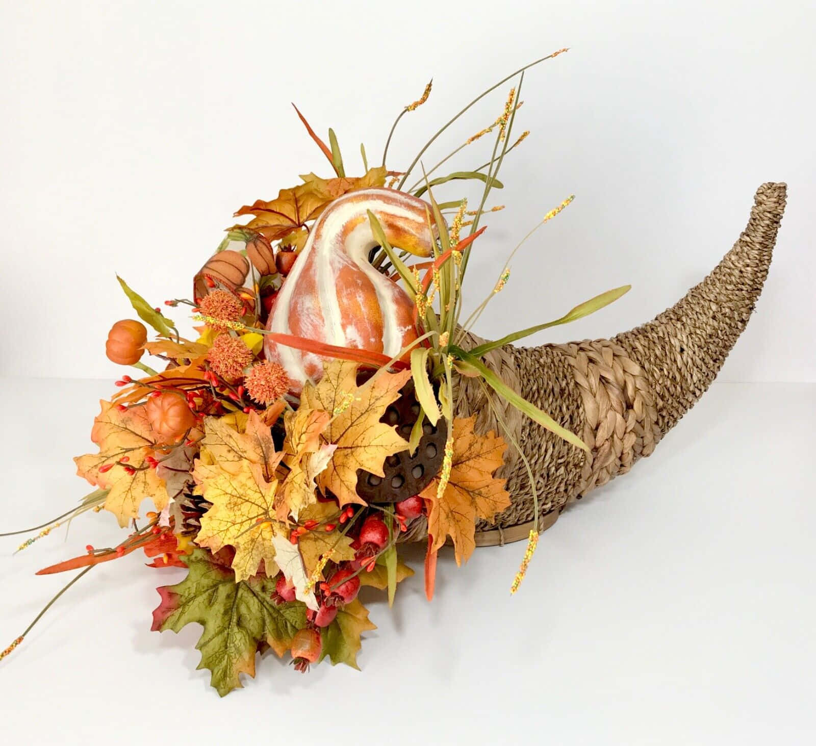 A bountiful Fall Cornucopia overflowing with fruits, vegetables, and flowers. Wallpaper