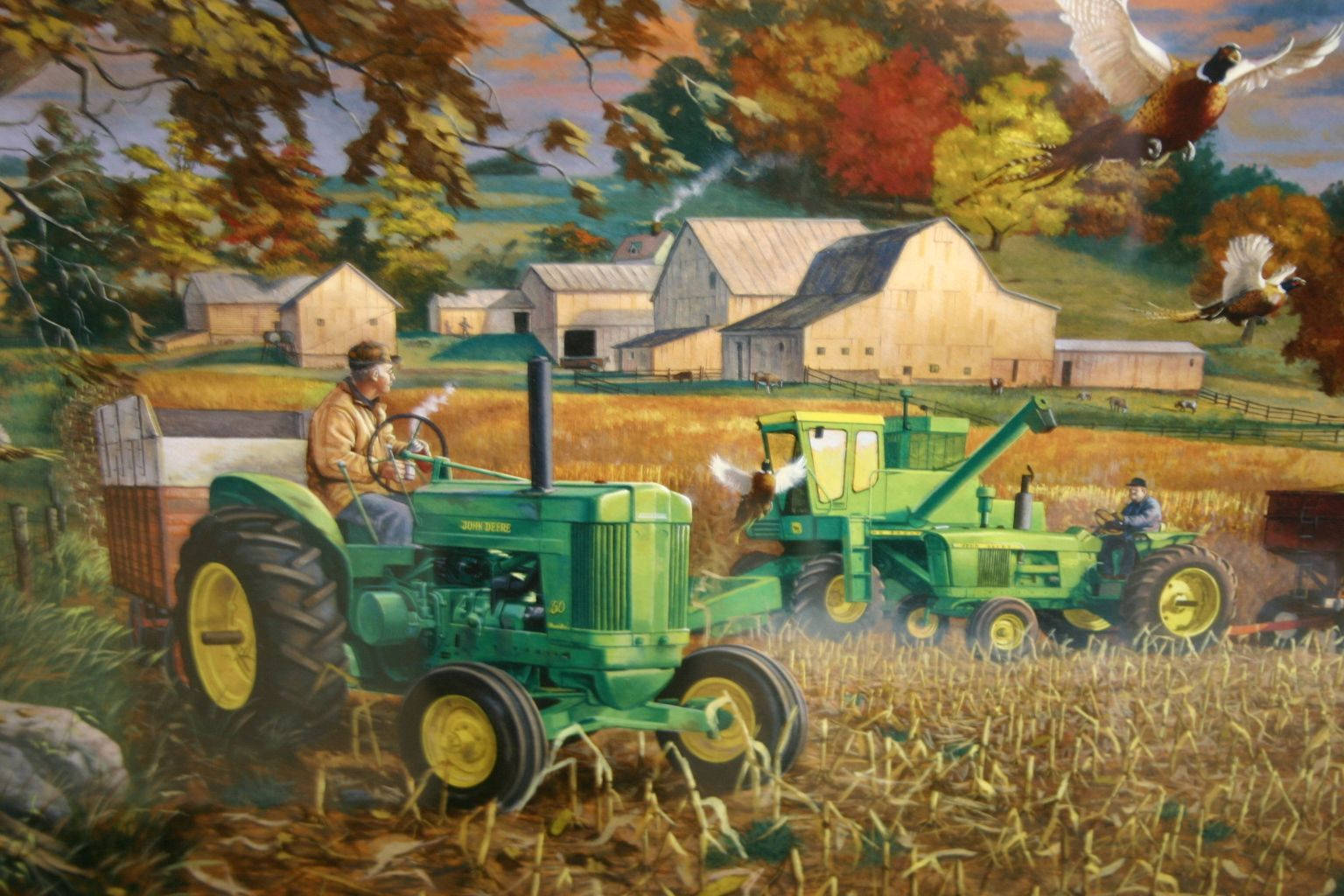 Efterårsgård,grønne Traktorer, Maleri. Wallpaper
