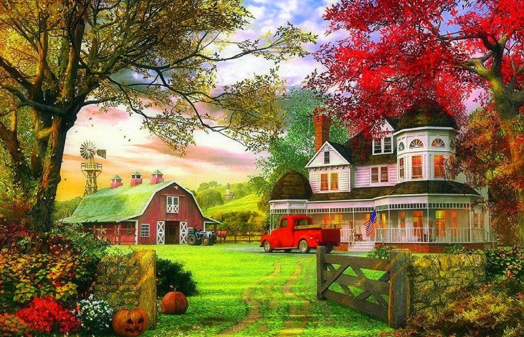 Fall Farm Painting Red Barn White House Wallpaper