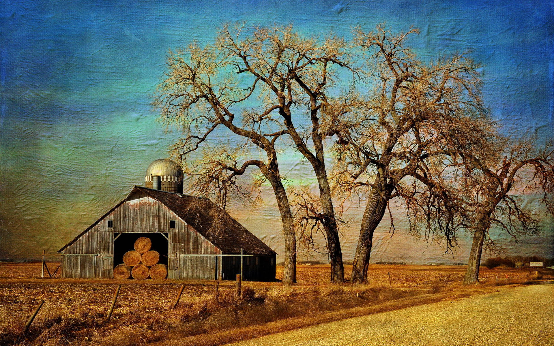 Fall Farm Painting Wooden Barn Wallpaper