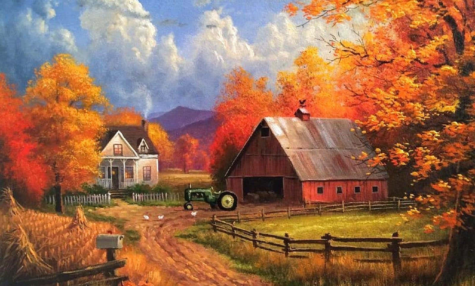 Caption: Fall Farmhouse in the Golden Sunlight Wallpaper