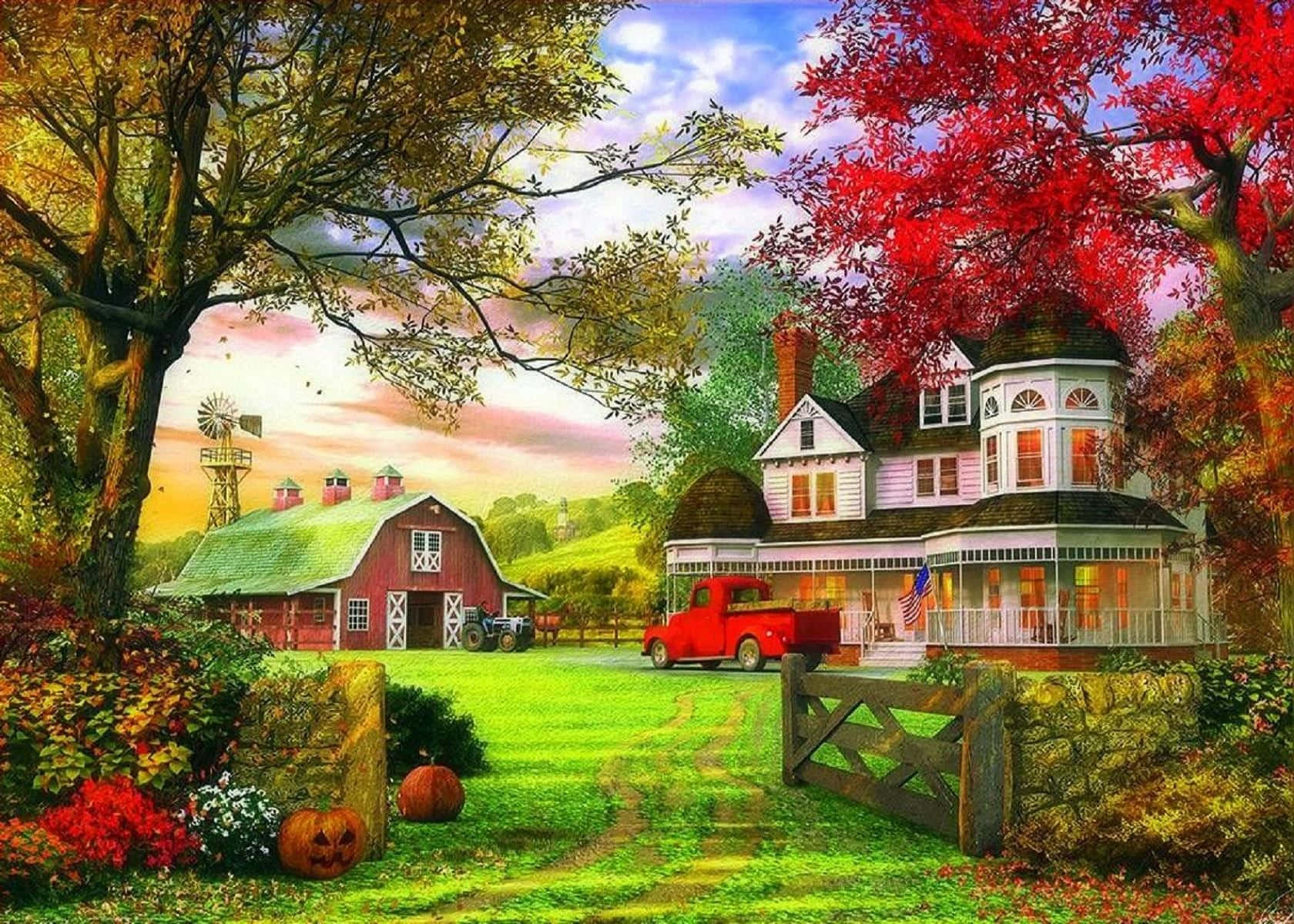 Beautiful Fall Farmhouse Scenery Wallpaper