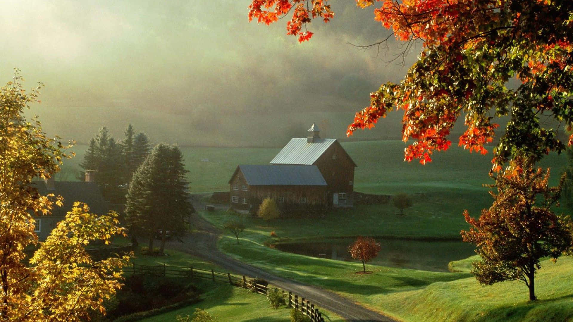Enchanting Fall Farmhouse Landscape Wallpaper