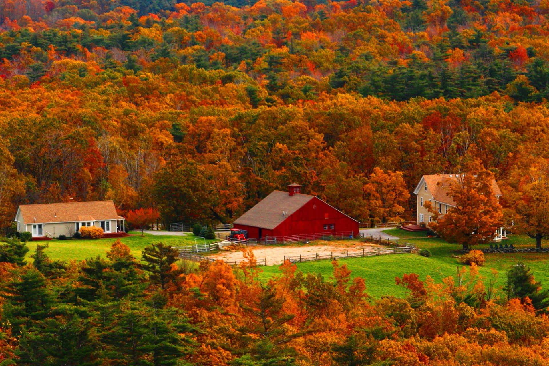 Caption: Serene Fall Farmhouse Scene Wallpaper