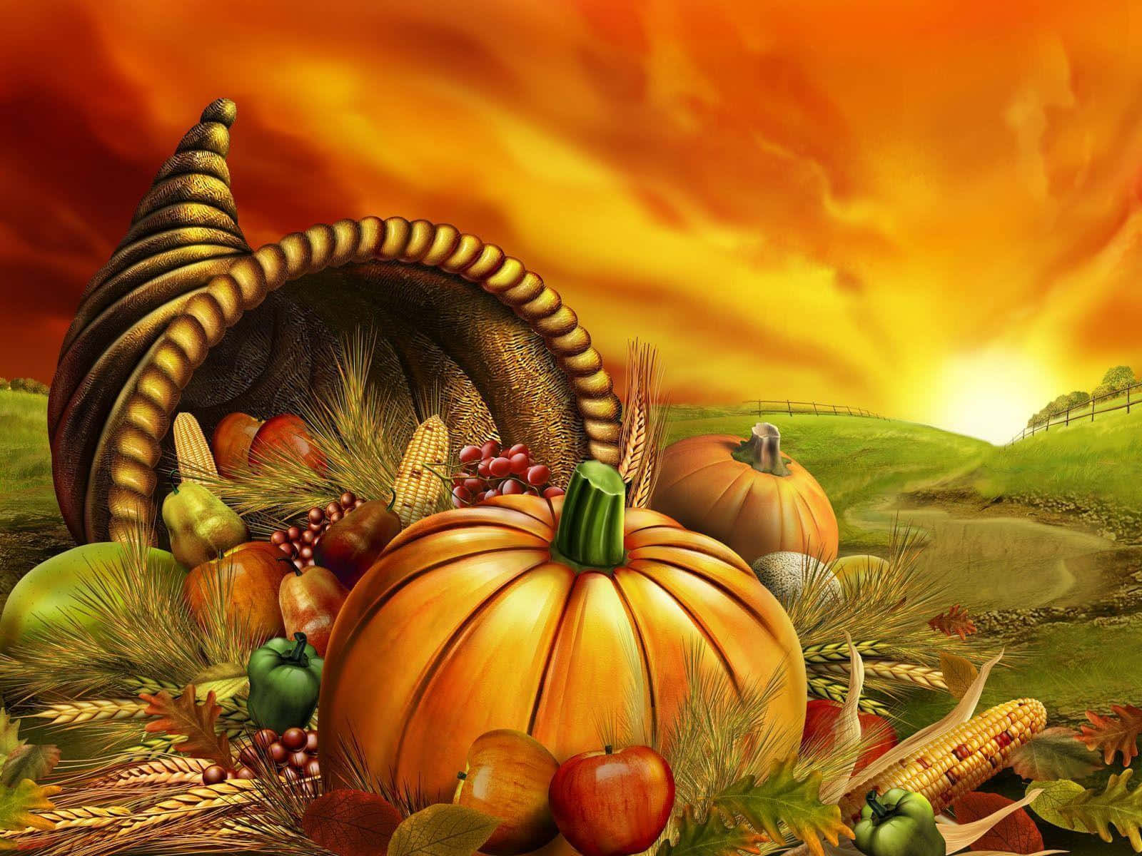 A bountiful Fall Harvest display with pumpkins, gourds, and corn Wallpaper