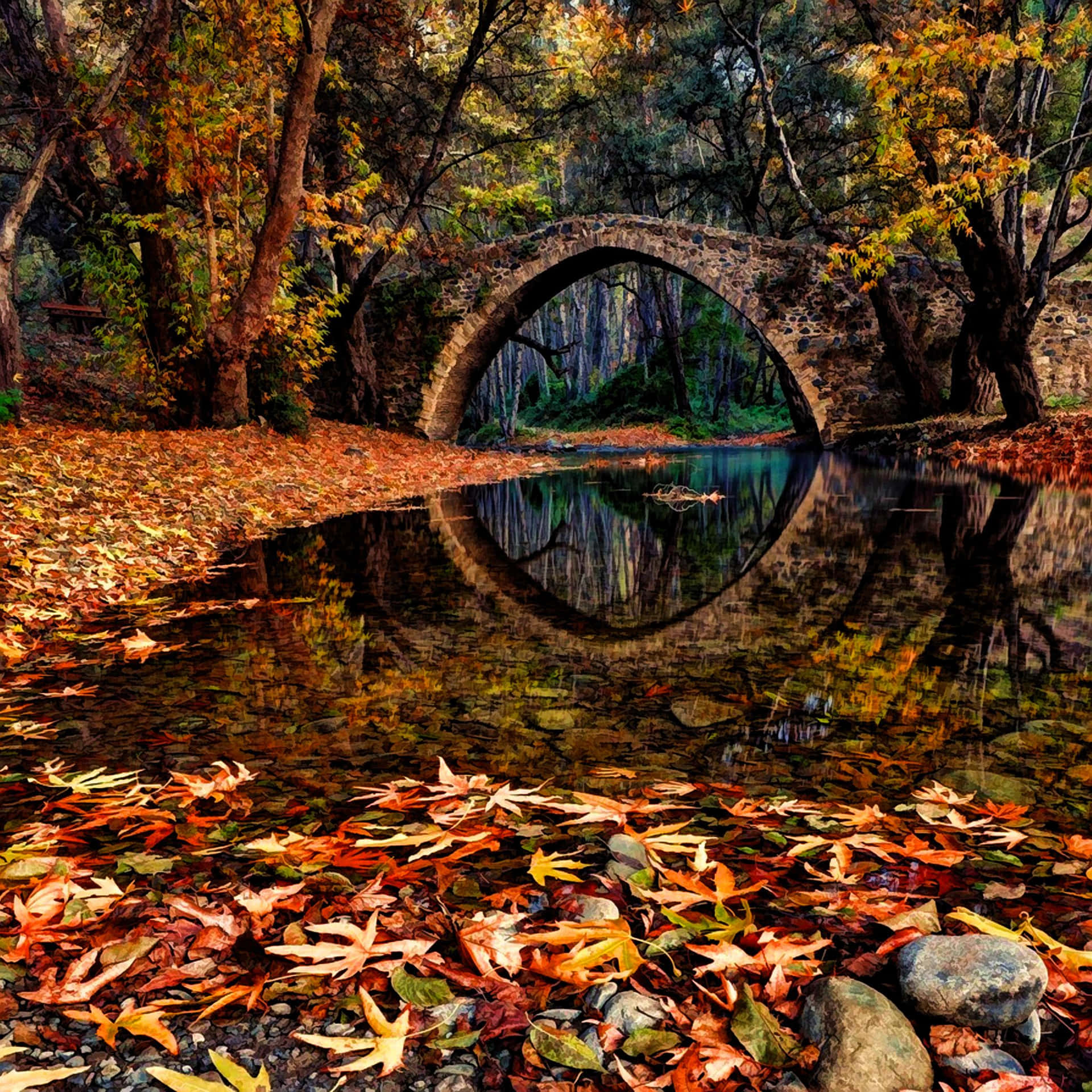 Fall iPad Forest Bridge And River Wallpaper