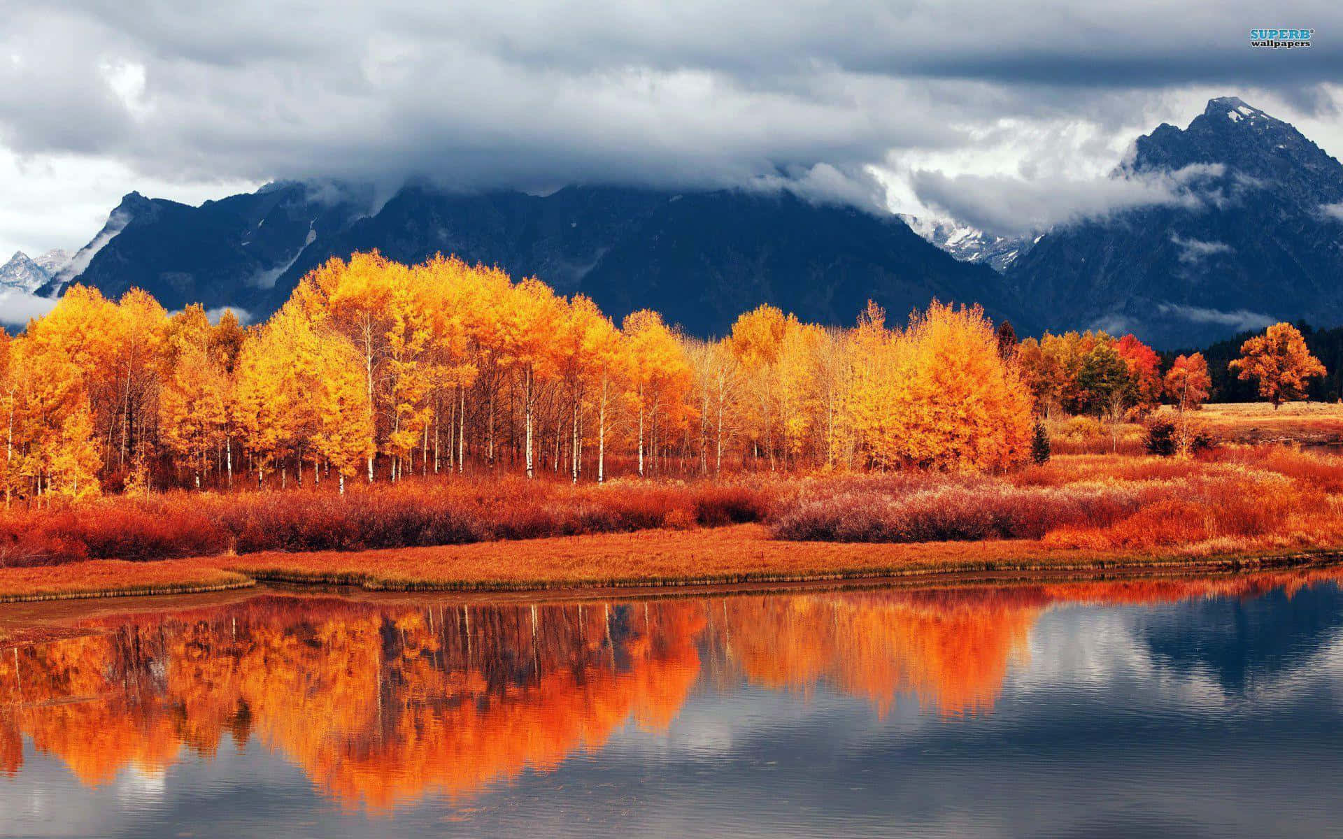 Vibrant Fall Landscape with Serene Lake Wallpaper