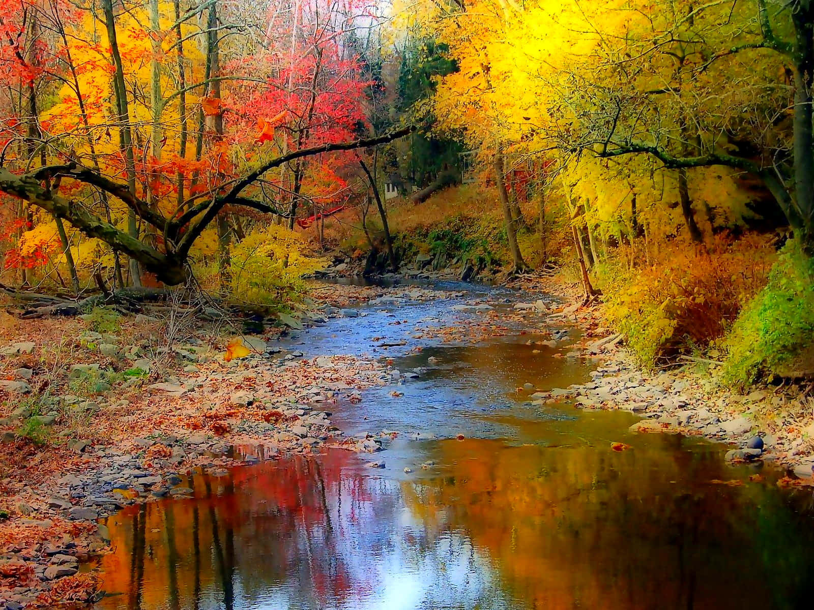 Serene Fall River flowing through rocky landscape Wallpaper