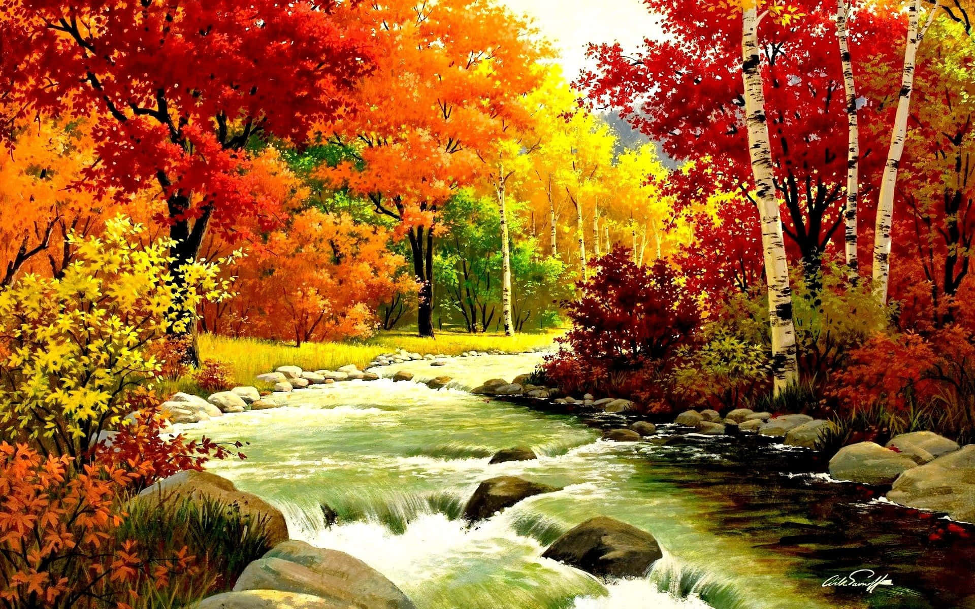 Serene Fall River Scenery Wallpaper