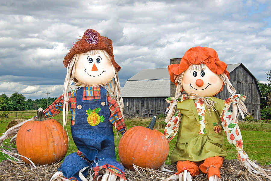 Charming Fall Scarecrow in a Vibrant Autumn Field Wallpaper