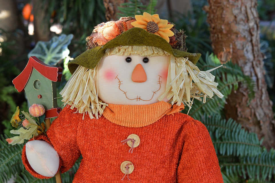 Charming Fall Scarecrow in a Pumpkin Patch Wallpaper