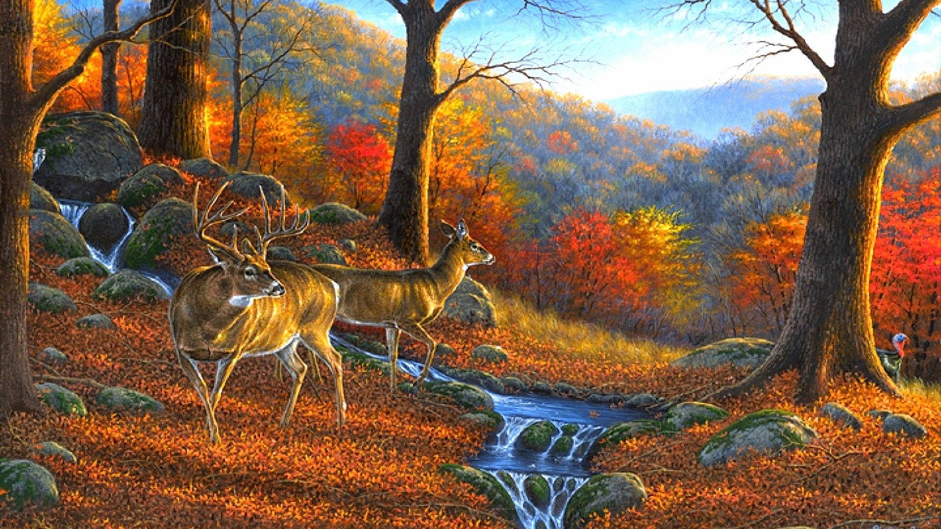 Efterårssæson Deer Maleri Wallpaper