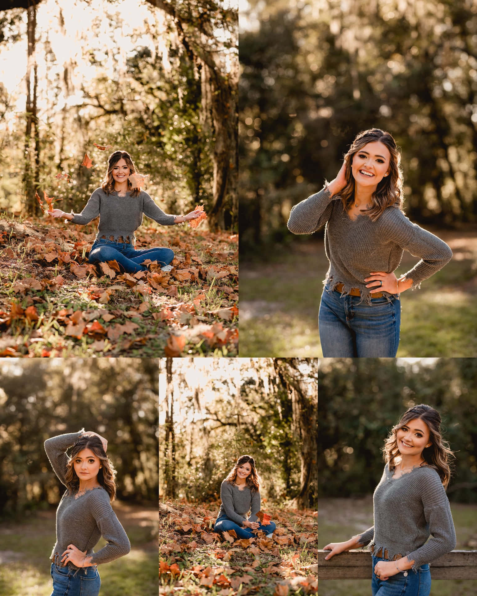 A Girl In A Gray Sweater Poses In The Woods