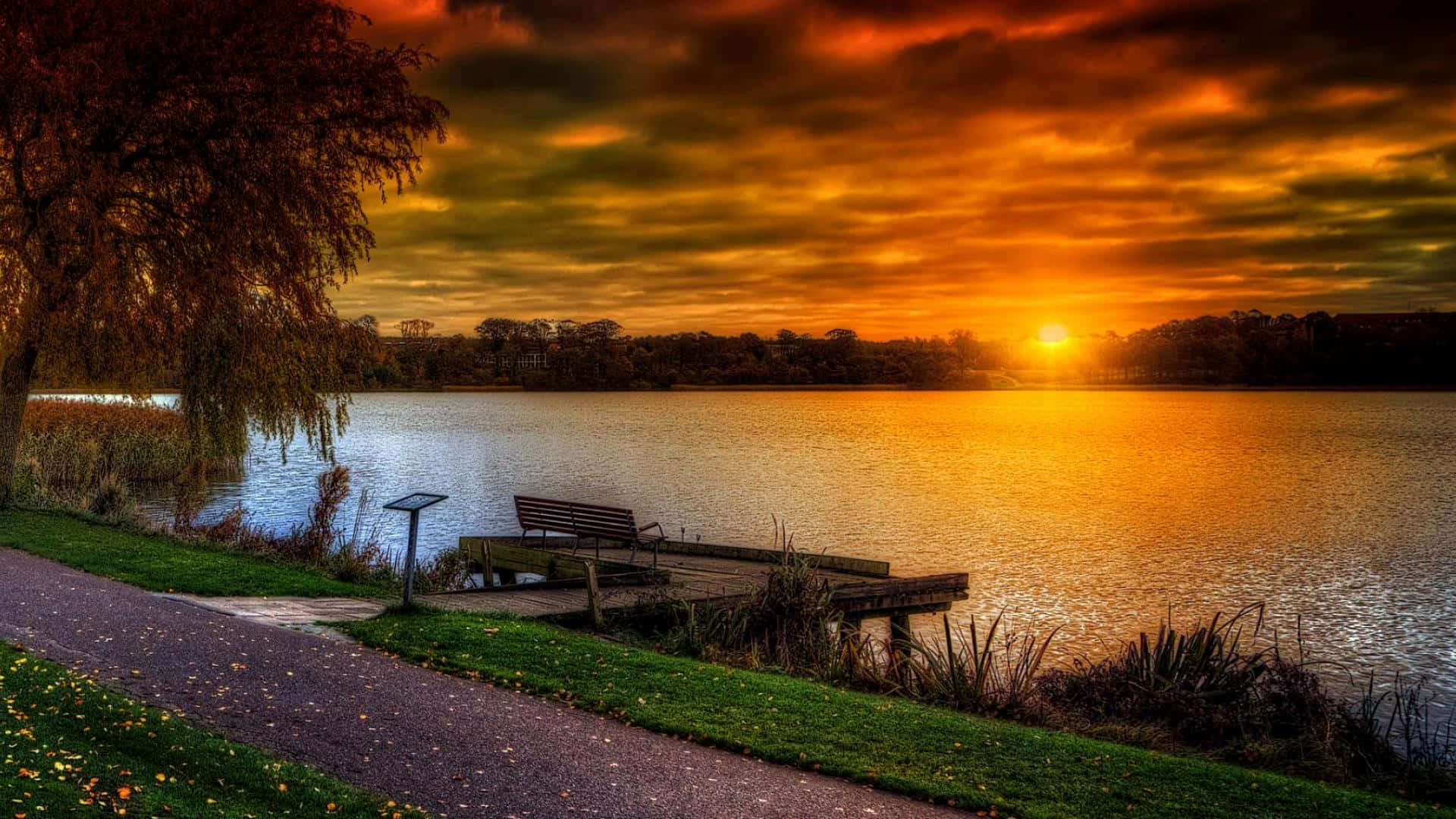 Fall Sunset: A Warm Golden Evening by the Lake Wallpaper