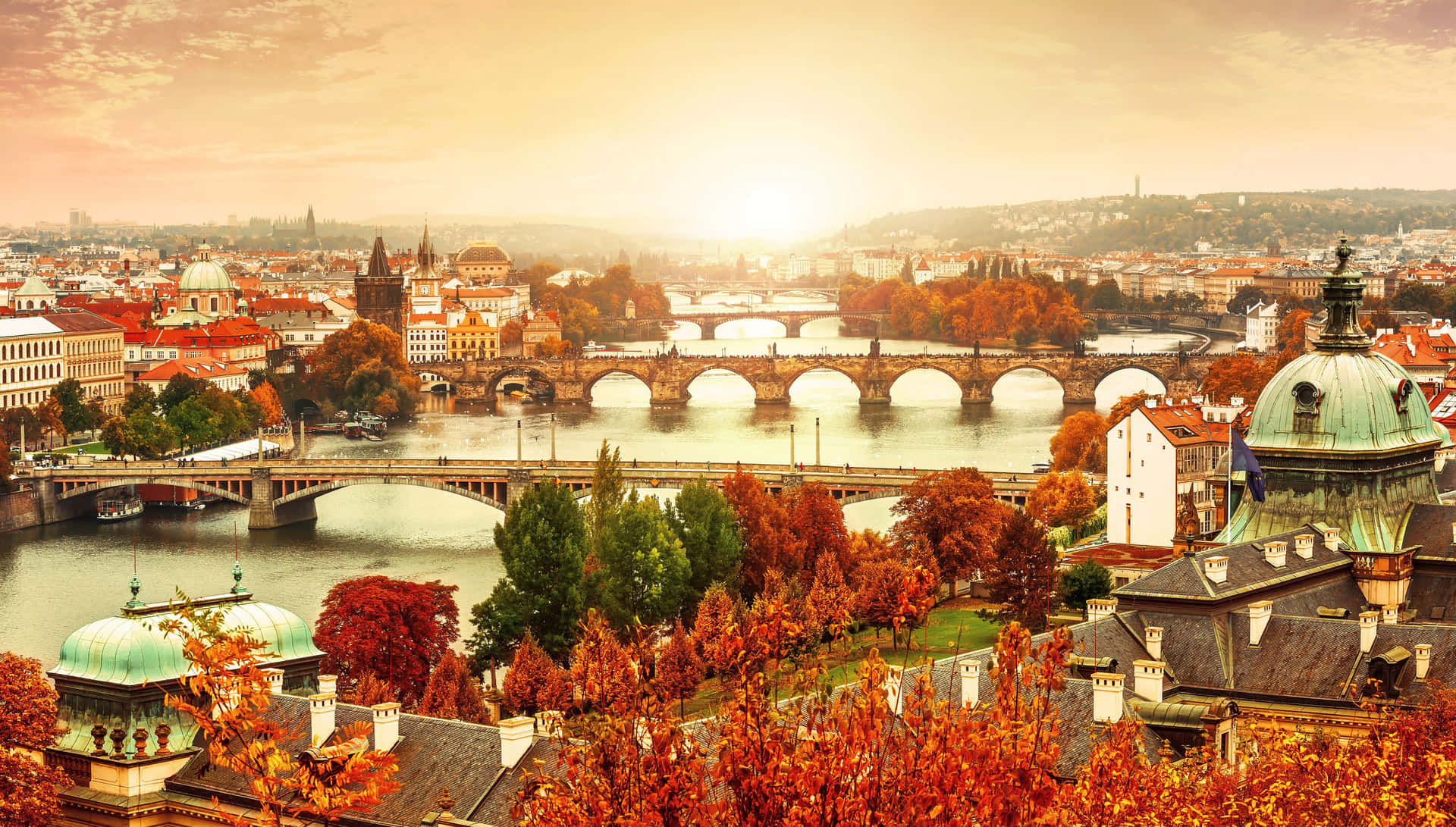 Fall Town - A picturesque view of a quaint town during autumn season Wallpaper
