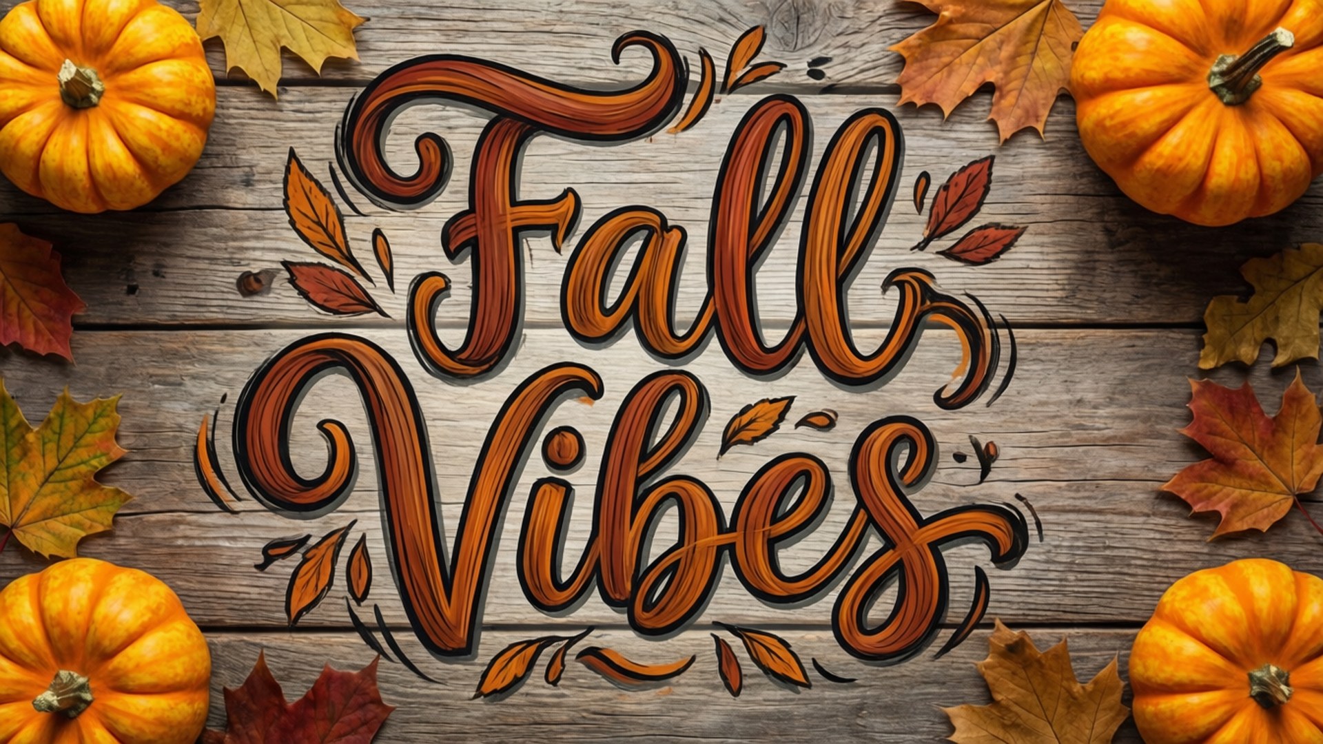 Een speels 'Fall Vibes' script met pompoenen en bladeren