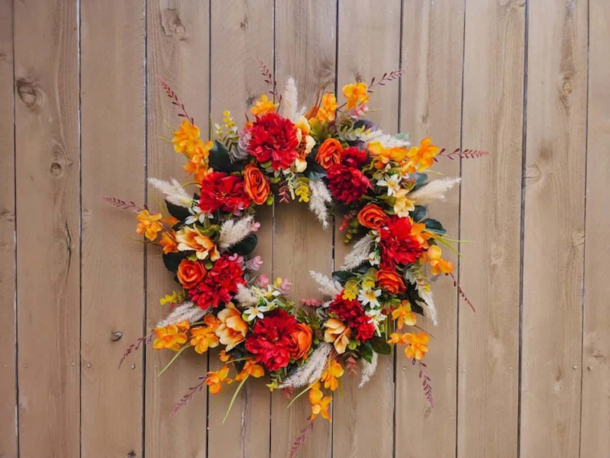 Beautiful Autumn Fall Wreath on a Wooden Door Wallpaper