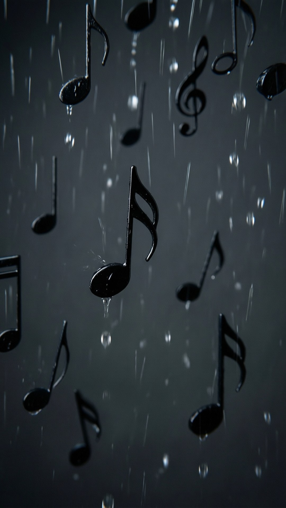 Dramatic wallpaper with black notes falling like rain on dark gray.