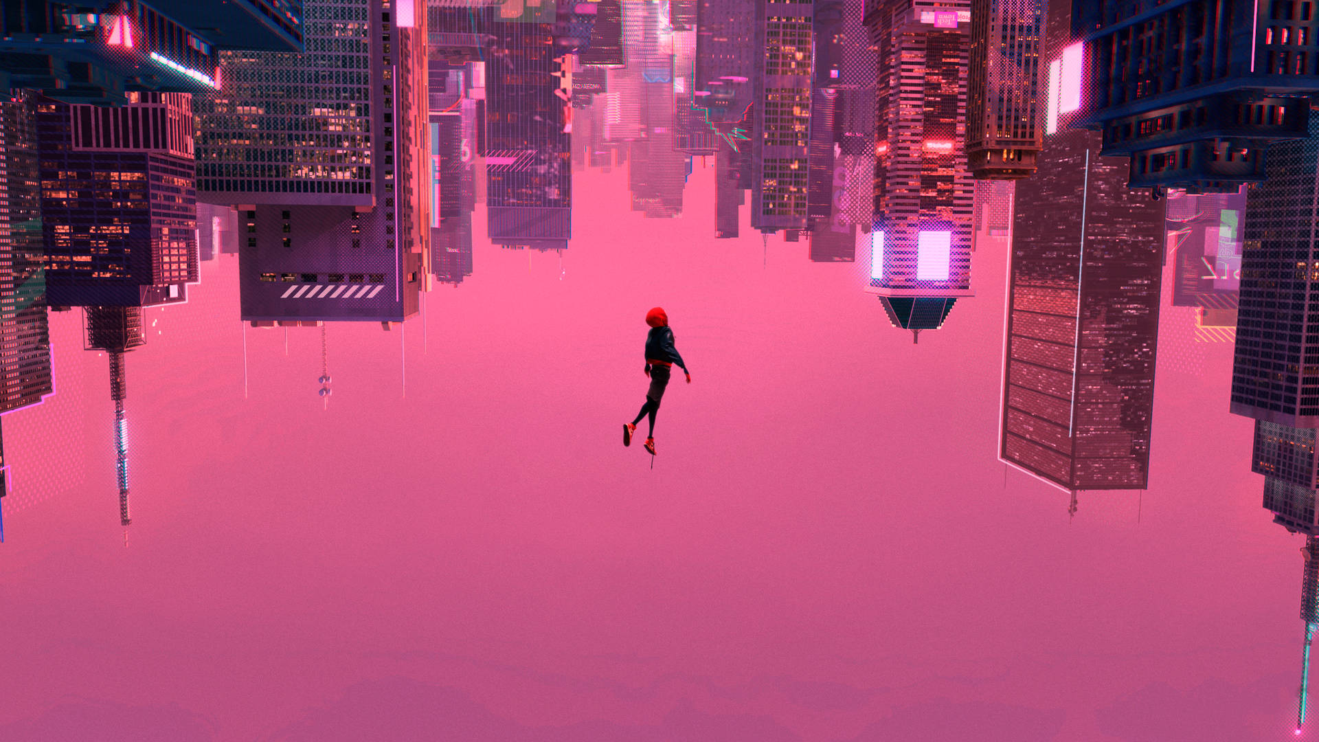 Spiderman falling gracefully against a pink backdrop Wallpaper