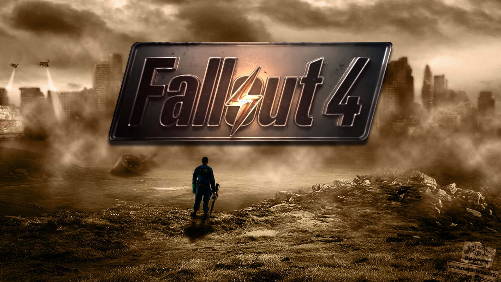 Billede A Fallout 4 computer i en post-apokalyptisk ørken. Wallpaper