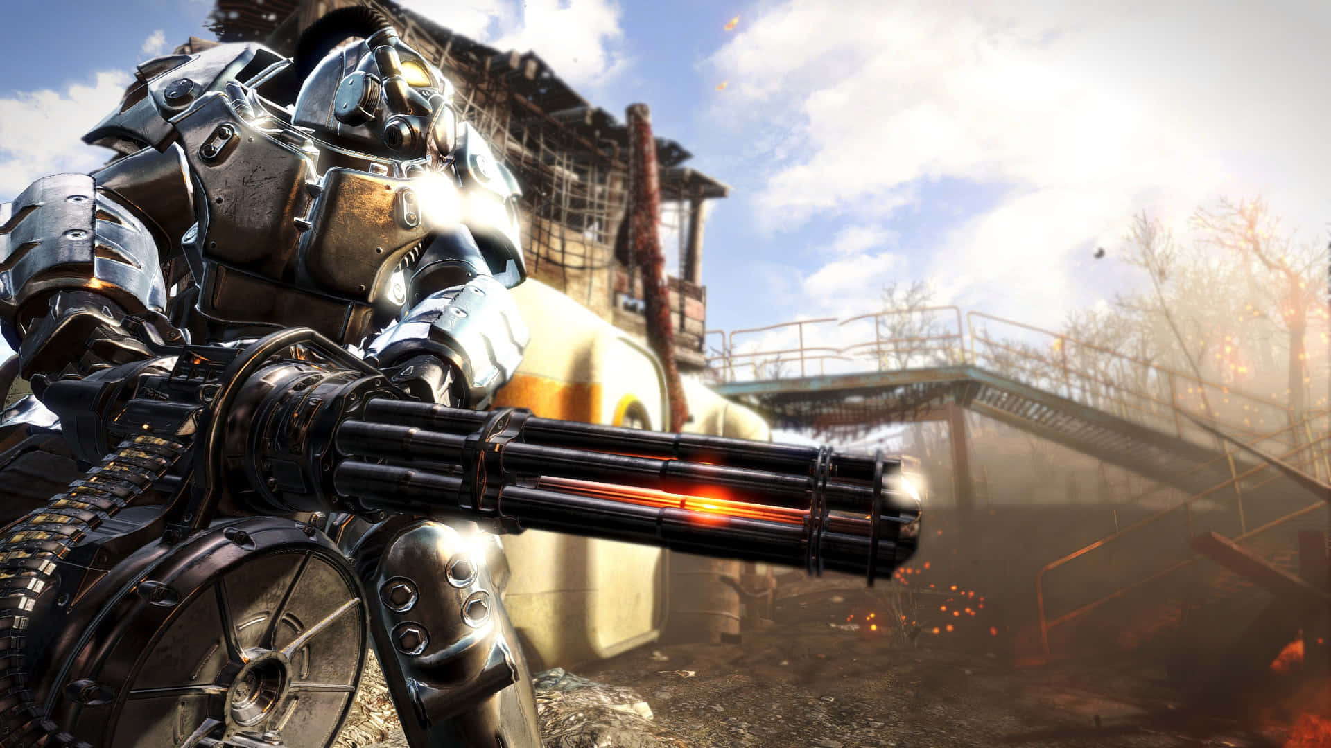 Warrior strides across the wasteland in Fallout 4 Power Armor Wallpaper