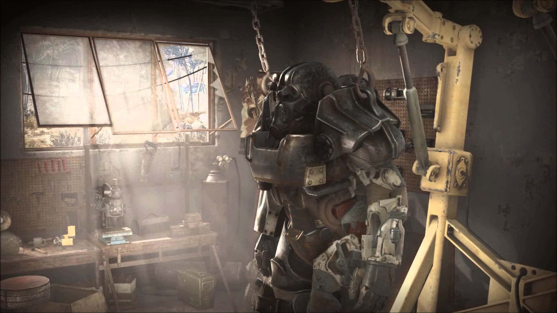 Intimidating Fallout 4 Power Armor in a battle stance Wallpaper