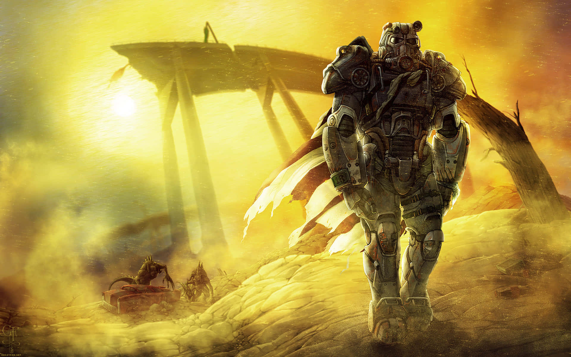A Fallout 4 Power Armor stands valiantly against a desolate, post-apocalyptic background. Wallpaper
