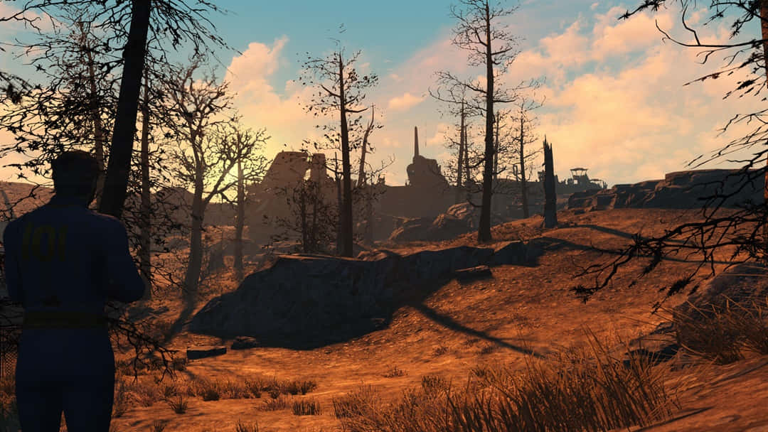 Elsolitario Vagabundo Explorando El Yermo Capital En Fallout 4. Fondo de pantalla