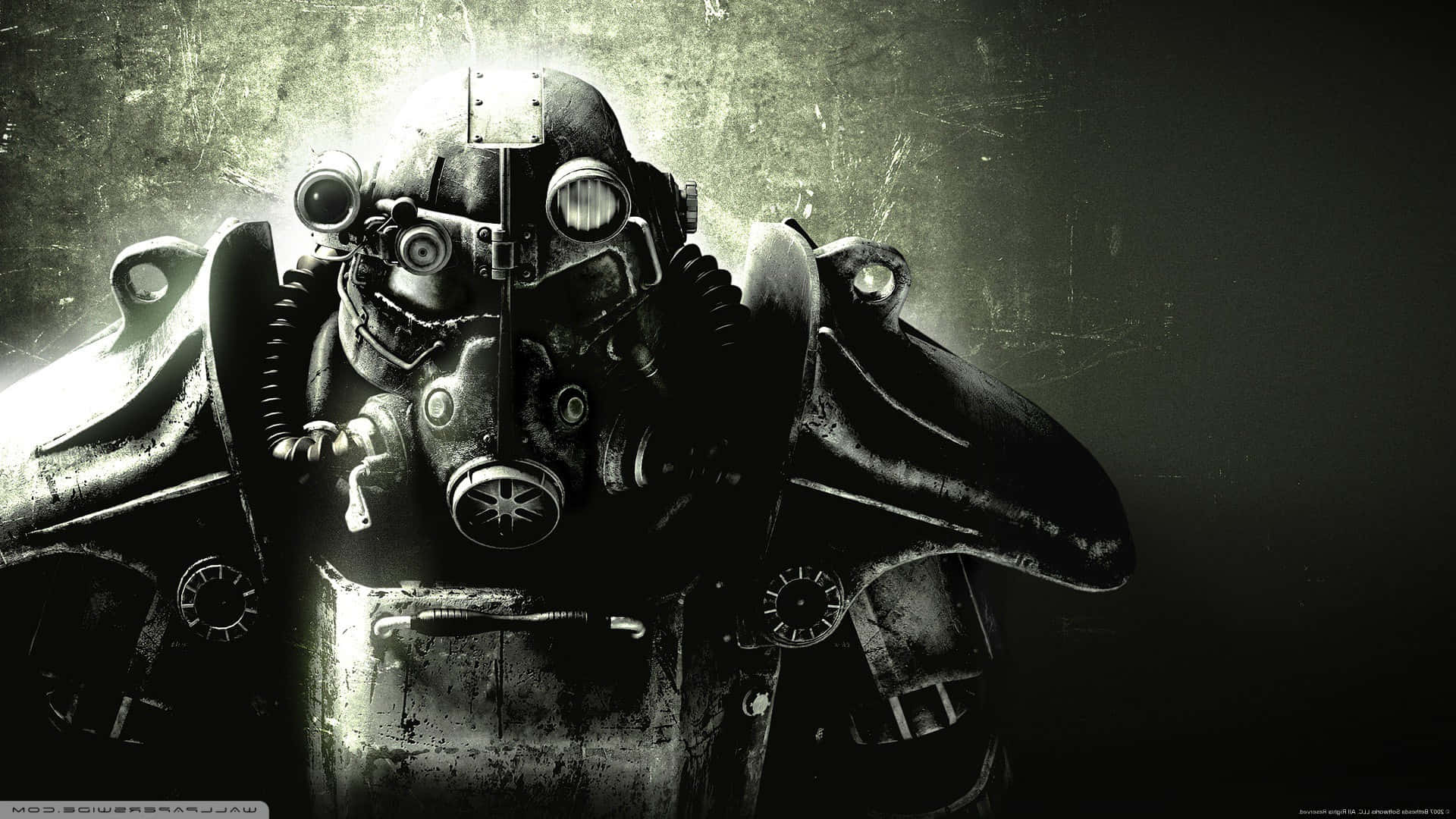 A soldier in power armor from Fallout: Brotherhood of Steel stands guard in a desolate wasteland Wallpaper