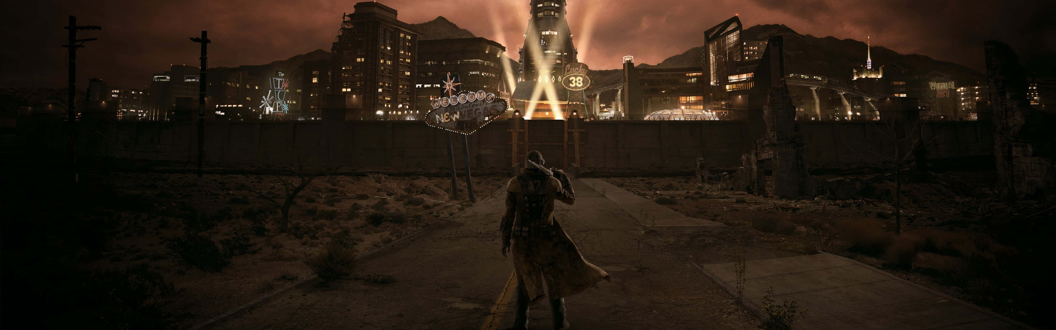 Udforsk ødemarken af Fallout: New Vegas med denne rustikke, efterapokalyptiske tapet. Wallpaper