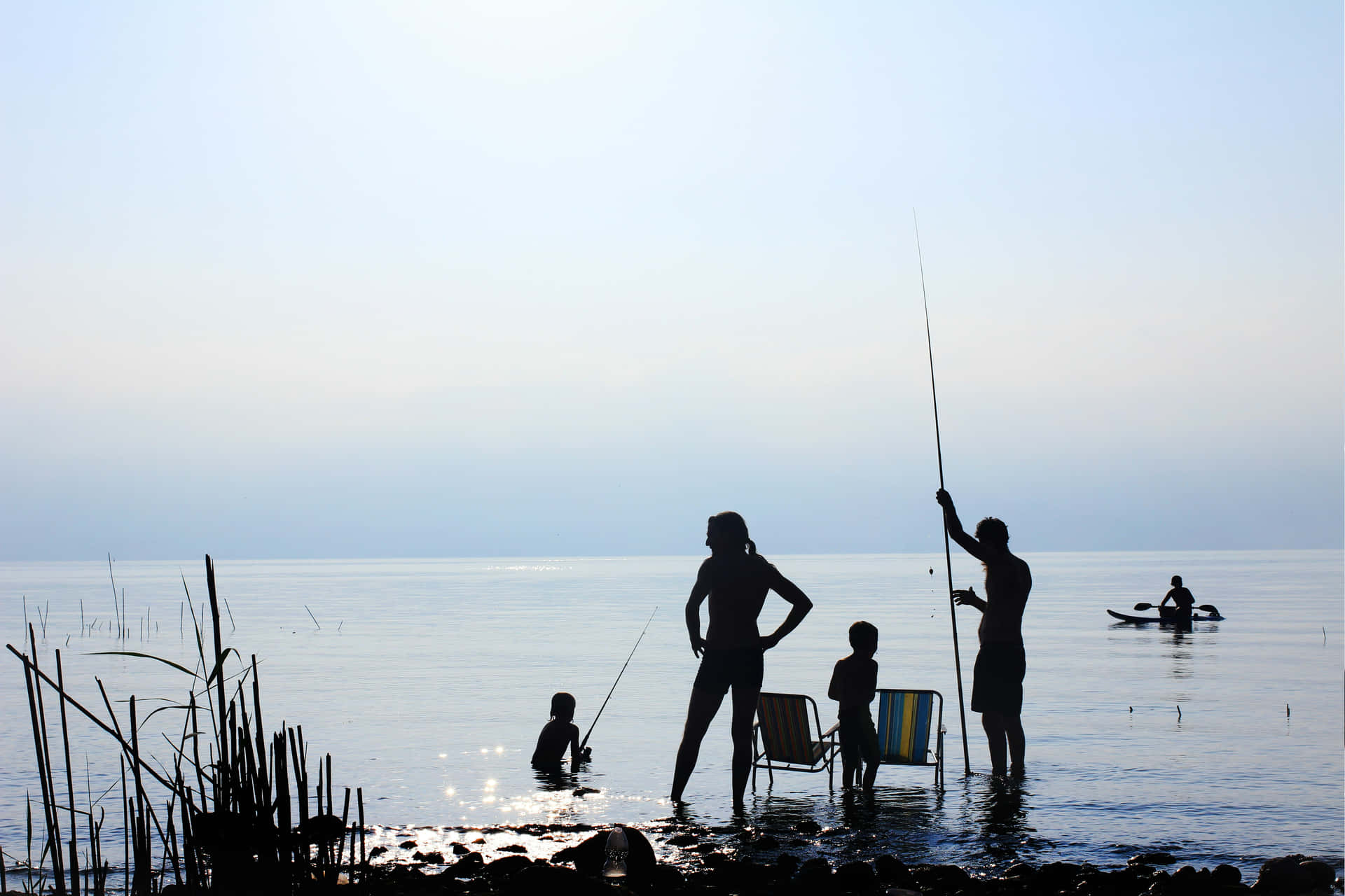 Family Fishing Trip Silhouette Lakeside Wallpaper