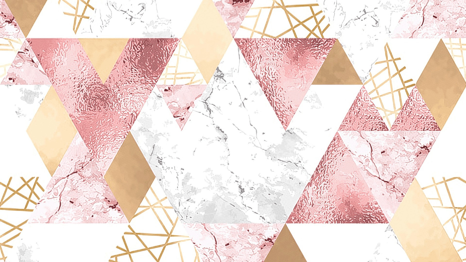 Refresh and sparkle your background with this luxuriously fancy background. — Geometric triangular pattern of pink marble rose gold and white marble with gold grid lines.