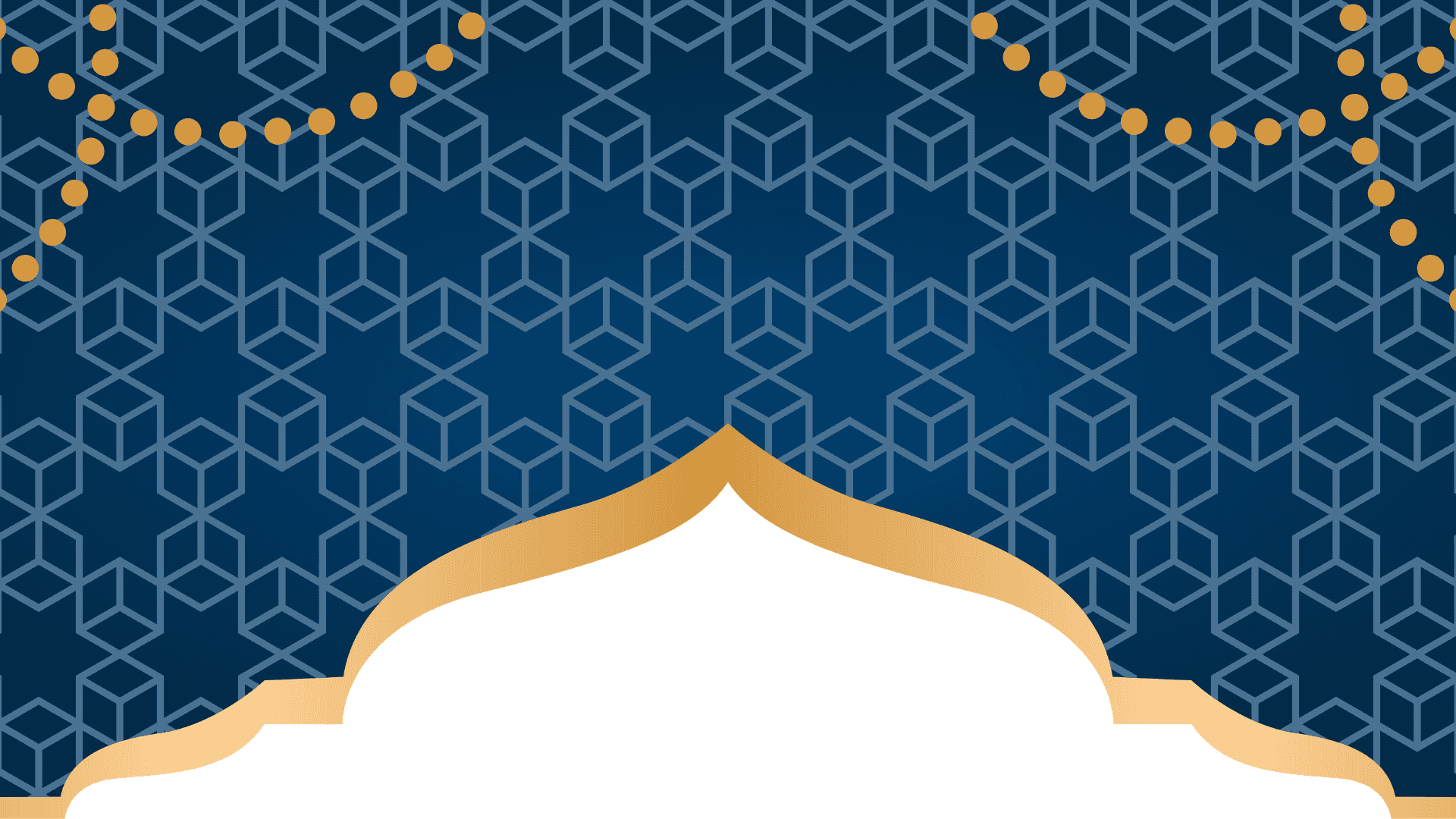 a blue and gold background with a gold frame Background — A stylized golden arch frames a white space against a deep blue geometric patterned background with gold string lights.