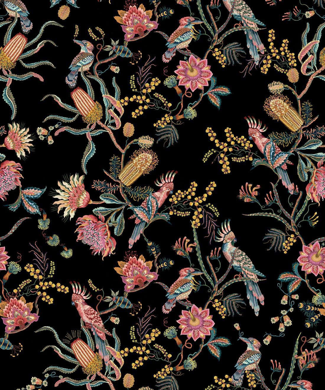 A Black And Pink Floral Pattern With Birds And Flowers Wallpaper