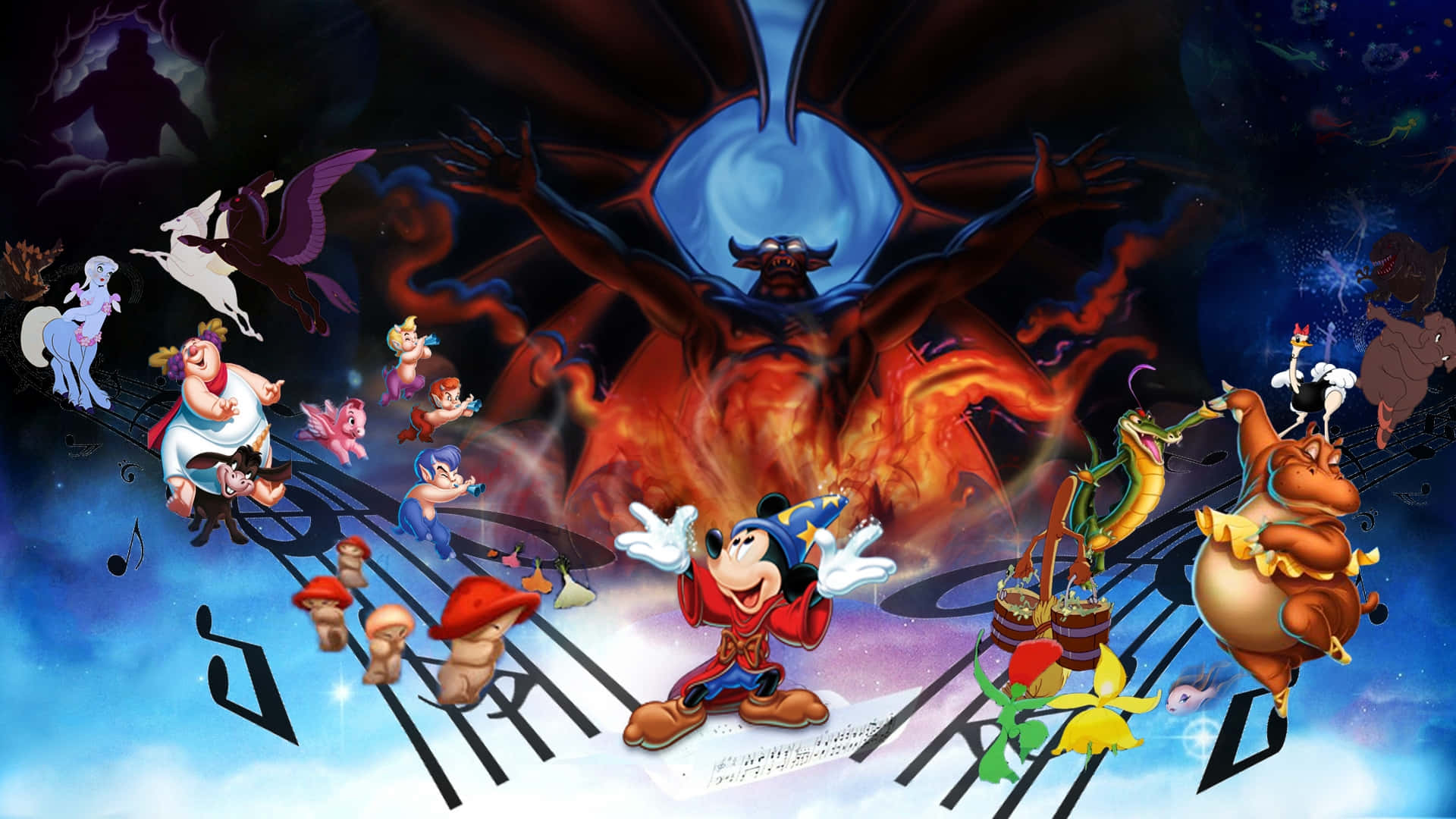 Fantasia Mickey En Geanimeerde Personages Achtergrond