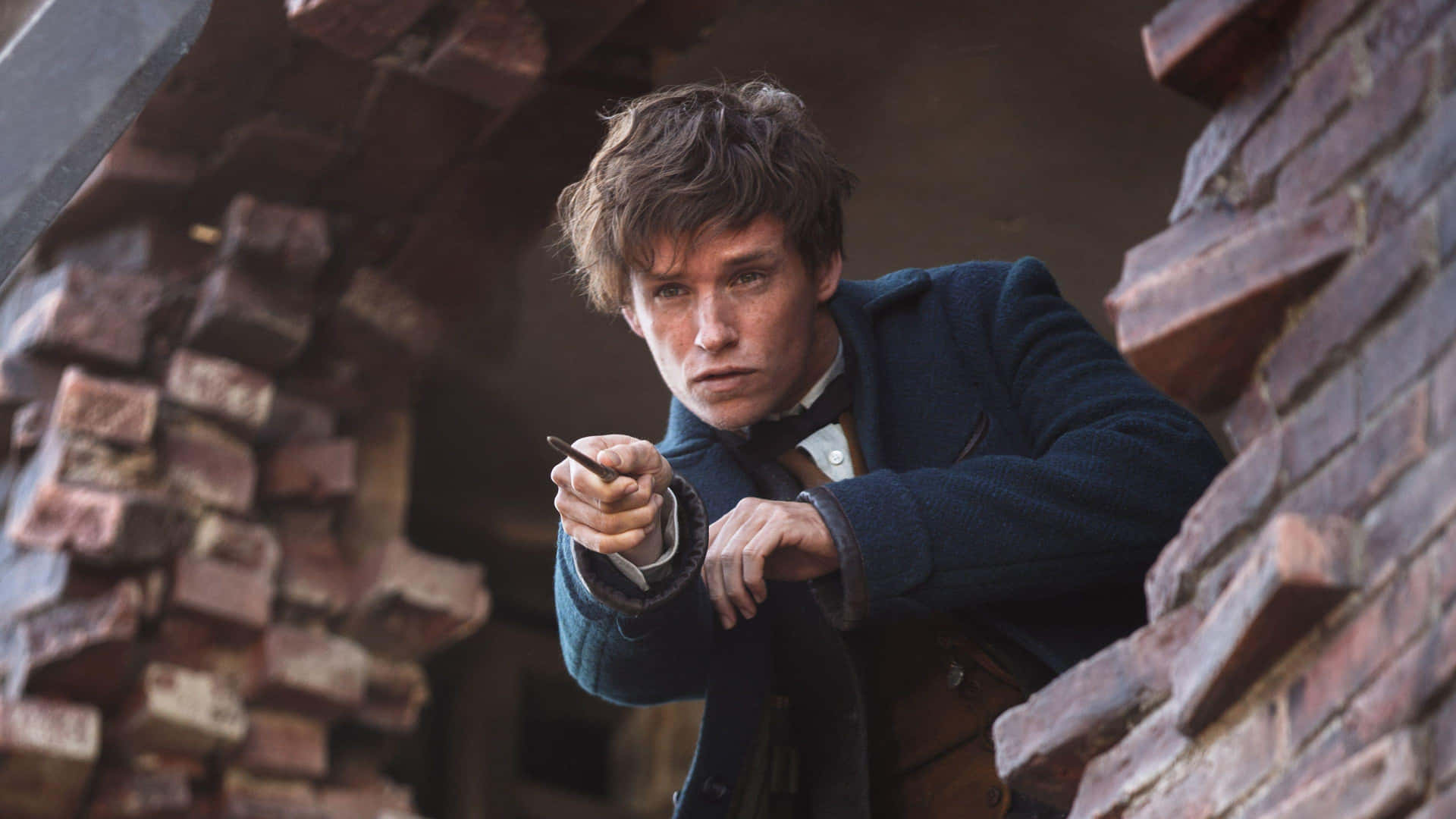 Newt Scamander alongside magical creatures from the Fantastic Beasts series Wallpaper