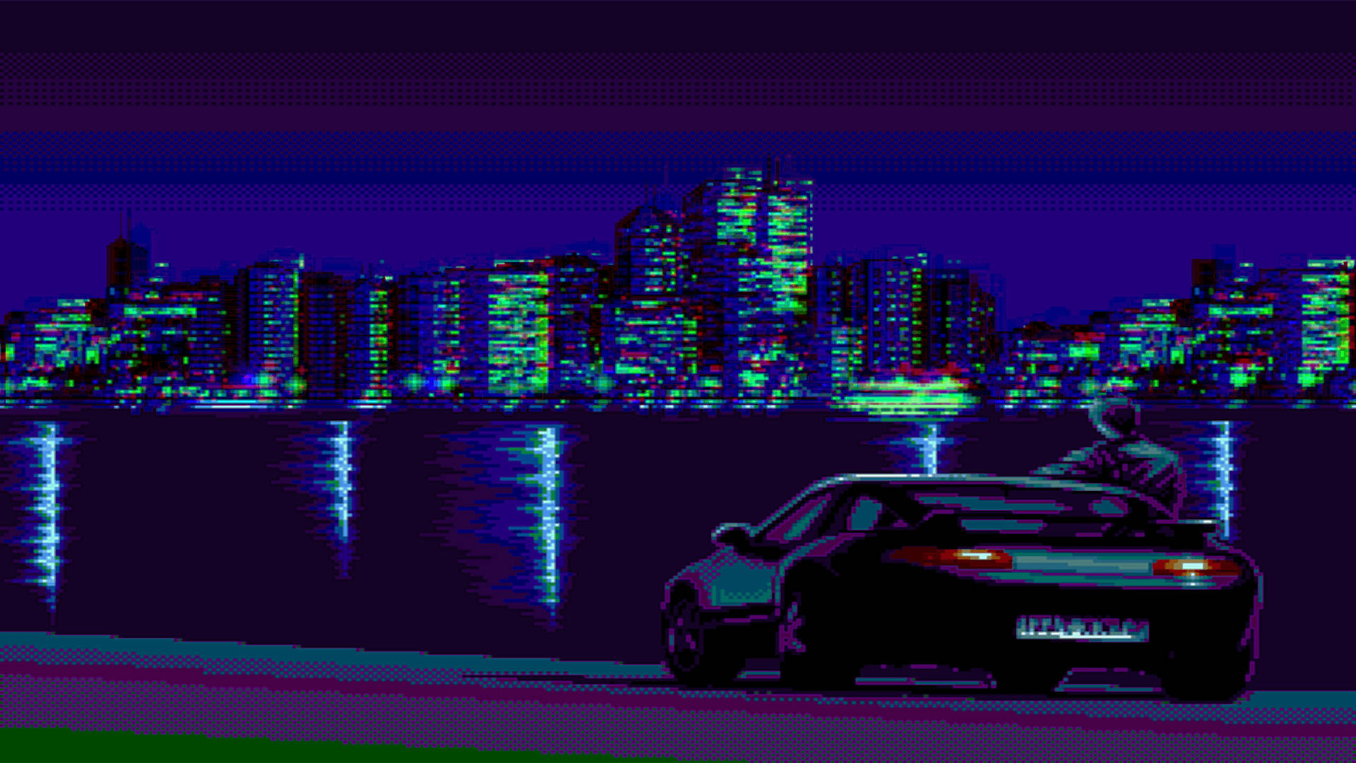 A cool aesthetic and fantasy wallpaper of a black car parking on the side of the city road at night.