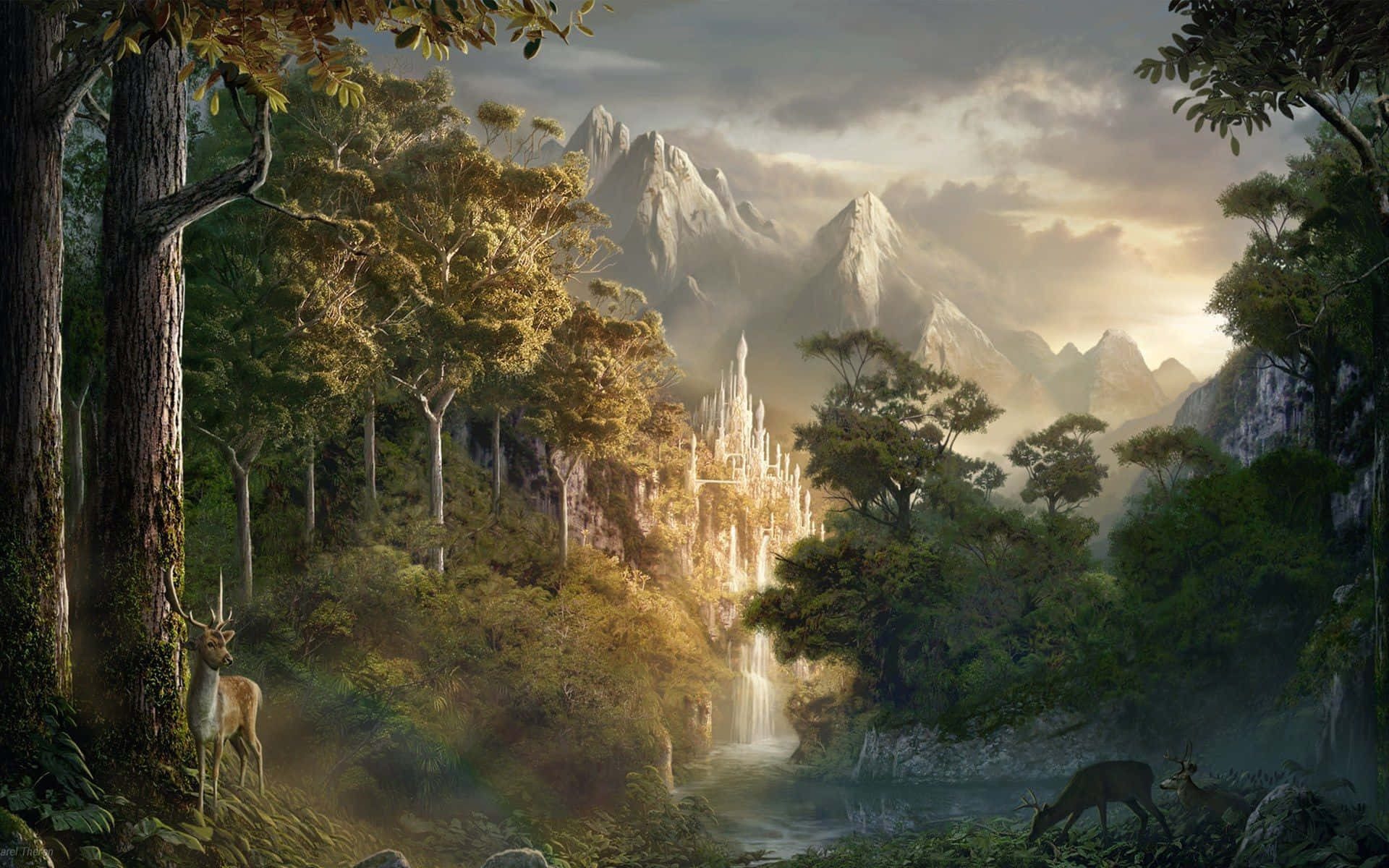 Fantasy Landscapes Elven City Digital Print Screen Saver Fantasy Art Trail  Fantasy Forest River 