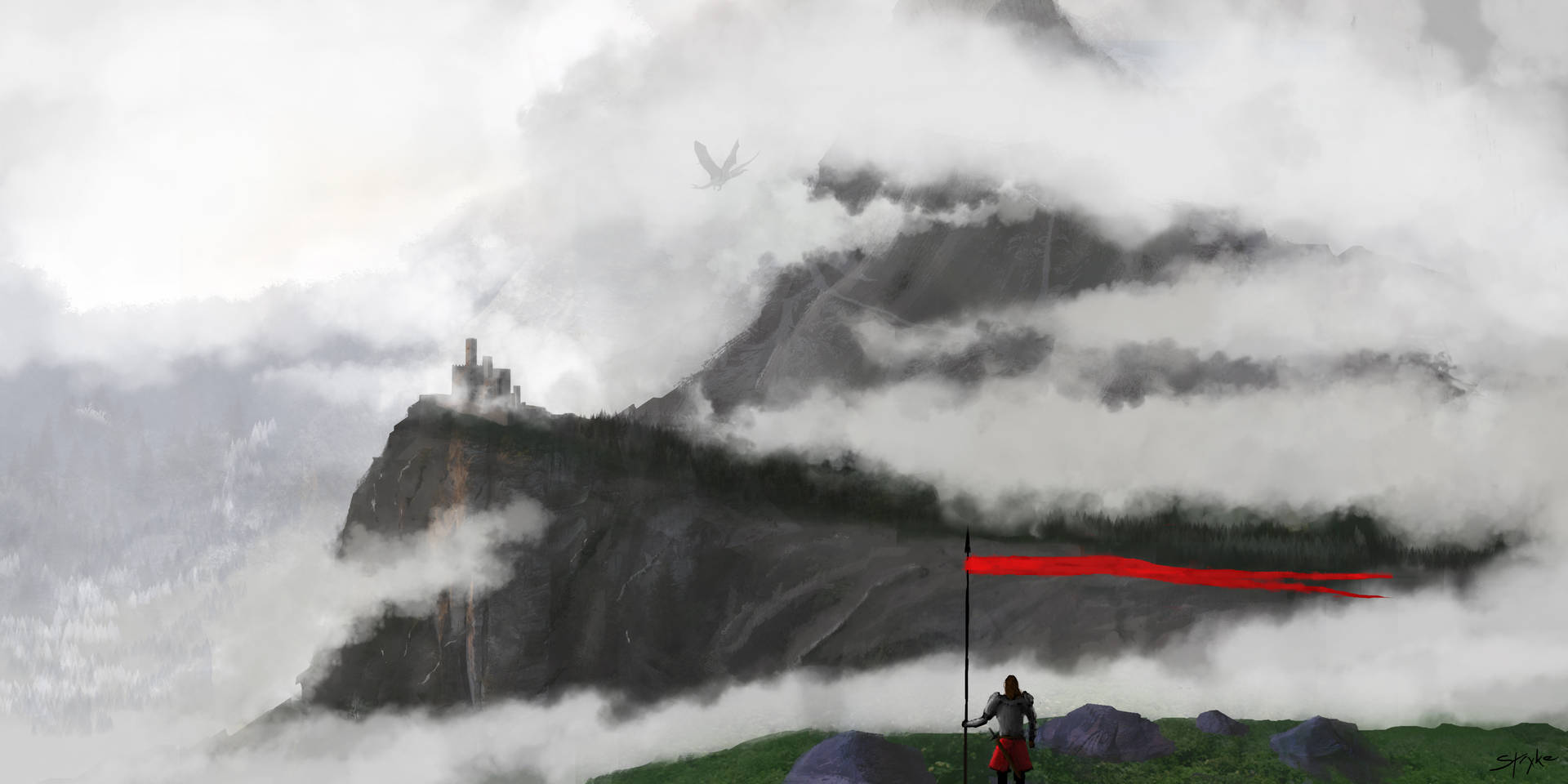 Fantasy art black mountain fog wallpaper.