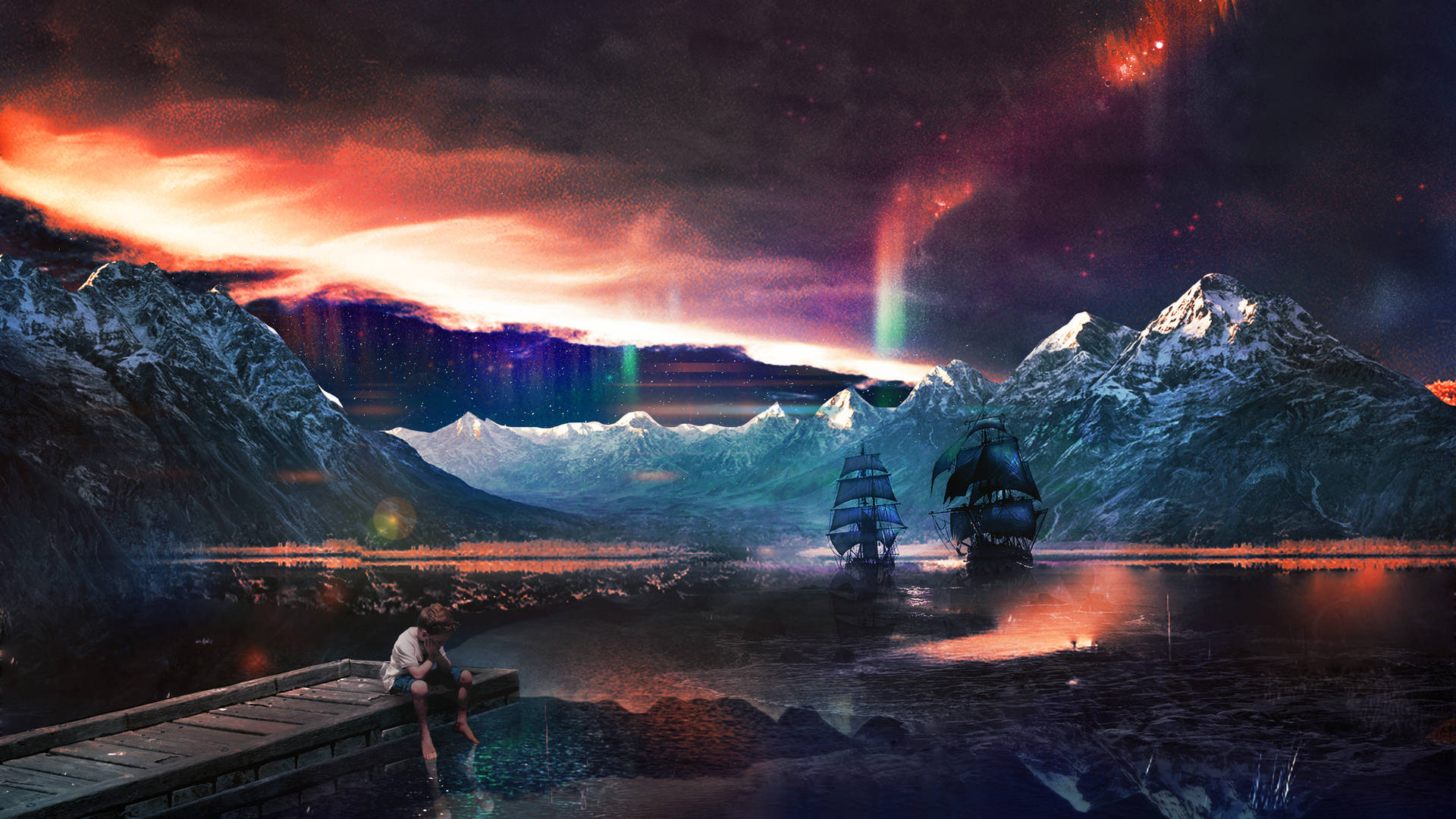 Fantasy art boy on dock with ocean and mountain under polar lights wallpaper.