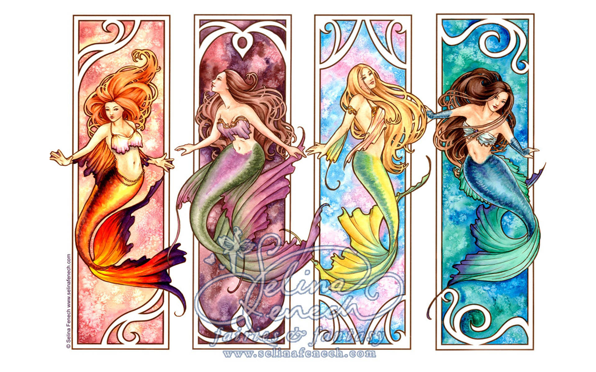 Fantasy art colorful mermaids collage wallpaper.