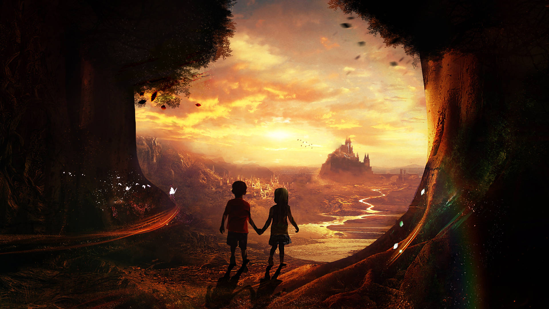 Fantasy art forest kids and mountain castles wallpaper.
