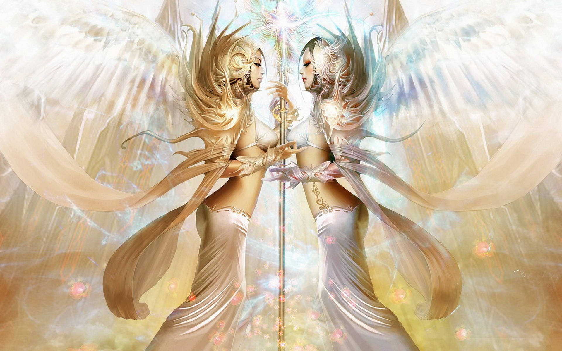 Fantasy art glowing angels face to face wallpaper.