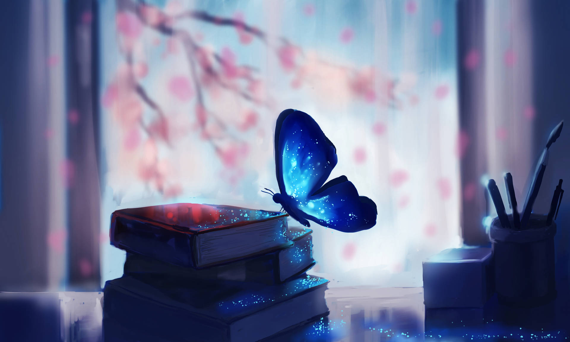 Fantasy art luminescent blue butterfly wallpaper.