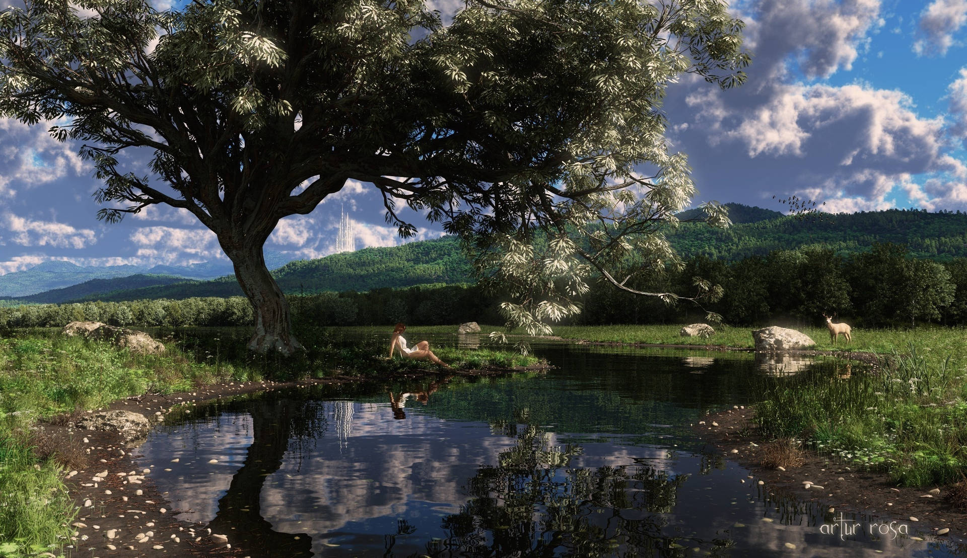 Fantasy art mountain landscape with woman under the tree wallpaper.
